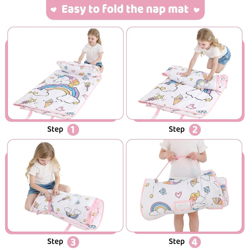 Viviland Toddler Kid Nap Mat for Preschool, White Unicorn Slumber Bag, Daycare Sleeping Bag with Pillow and Blanket, Kindergarten Sleep Mat - Image 5